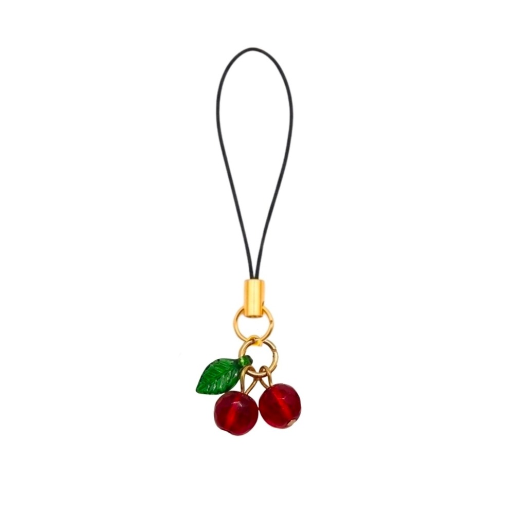 Cherry Phone Charm! Cute Handmade Charm Keychain Cherries Red Green Black Goldβ